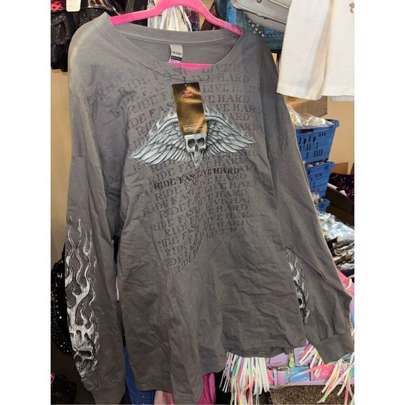 Hot Leathers Men’s Ride Fast Live Hard Skull Biker LS Top - Picture 2 of 5